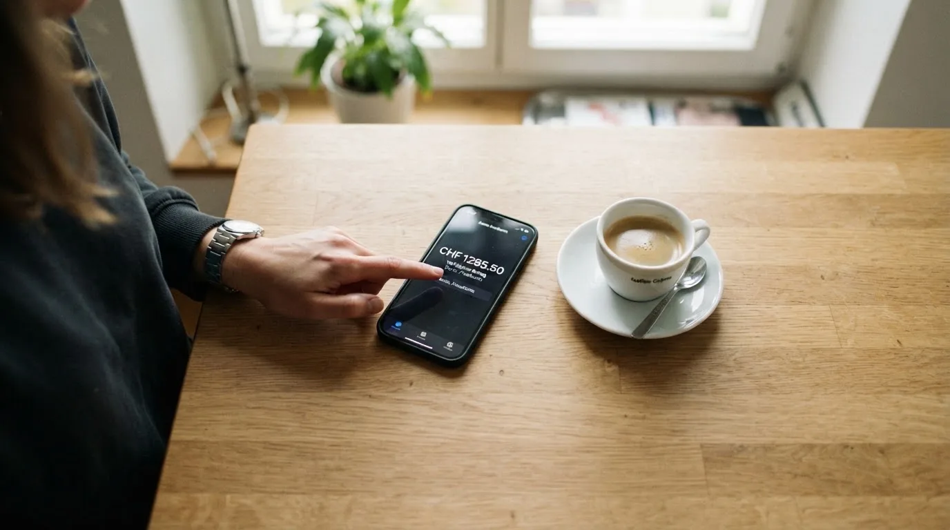 Frau tippt konzentriert auf ihrem Smartphone an einem Küchentisch, eine Tasse Kaffee steht griffbereit daneben.