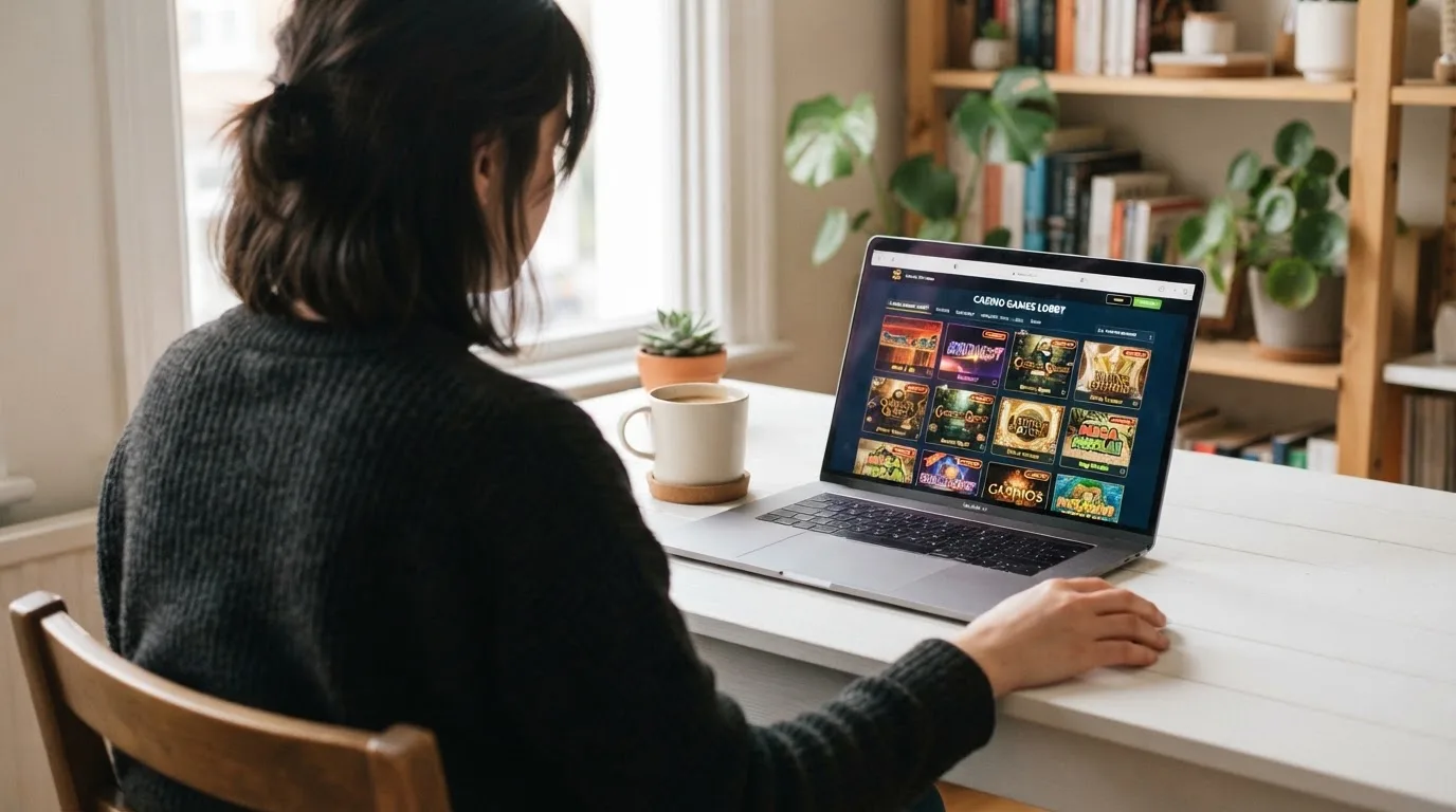 Person am Laptop liest eine Übersichtsseite zu Geldspielen im Internet — 15 franken bonus ohne einzahlung casino
