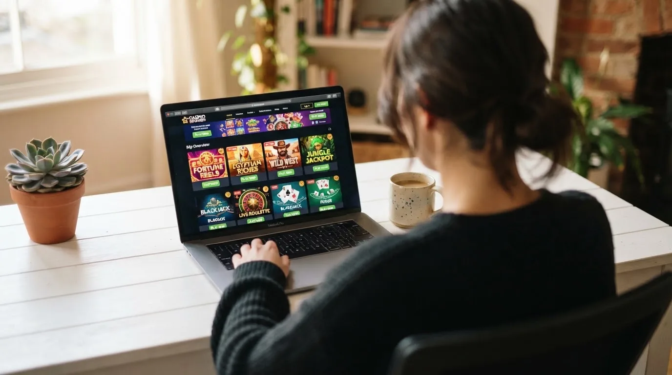 Person am Laptop liest eine Übersichtsseite zu Geldspielen im Internet — 150 freispiele ohne einzahlung