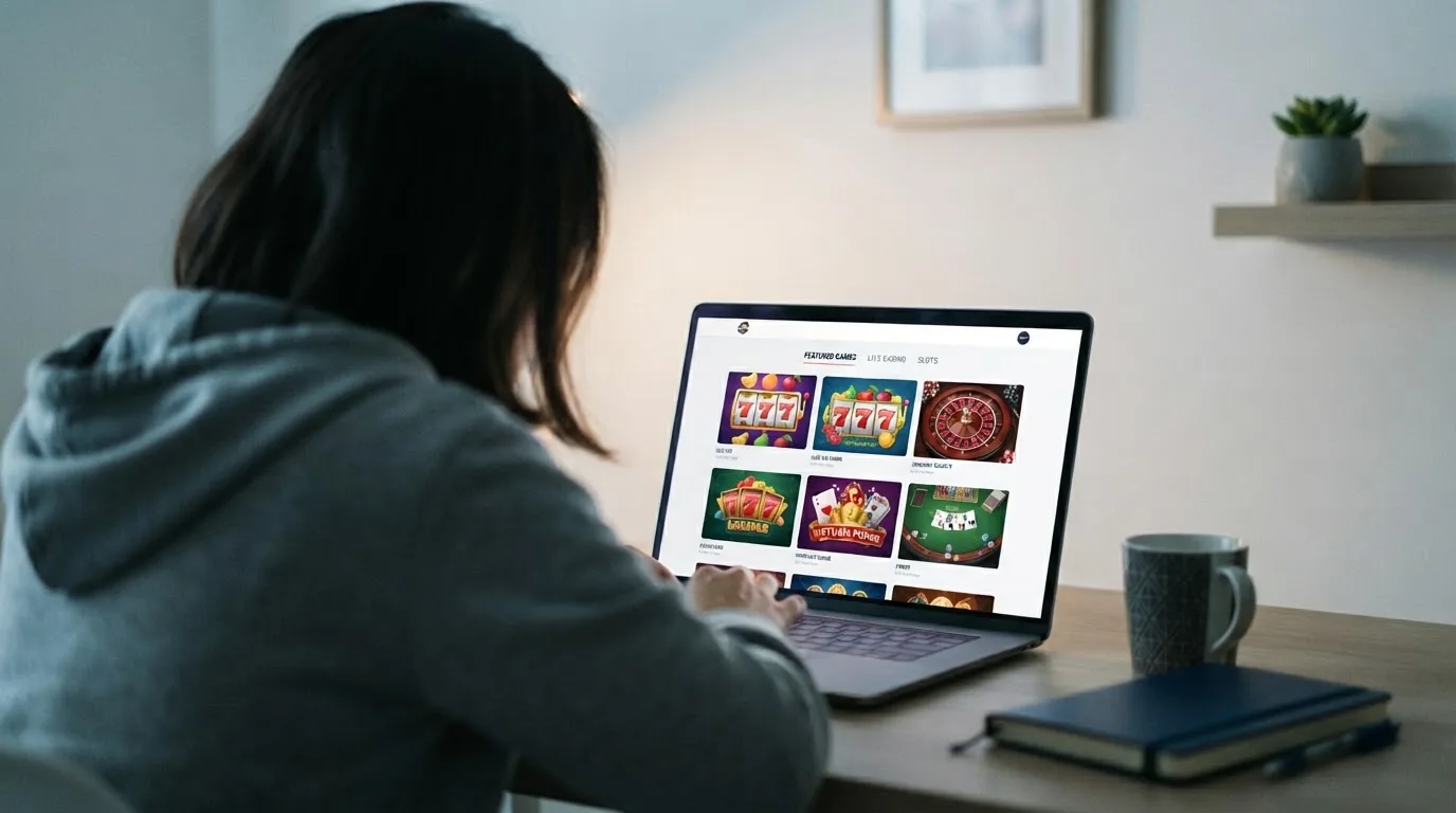 Person am Laptop liest eine Übersichtsseite zu Geldspielen im Internet — 20 franken bonus ohne einzahlung casino