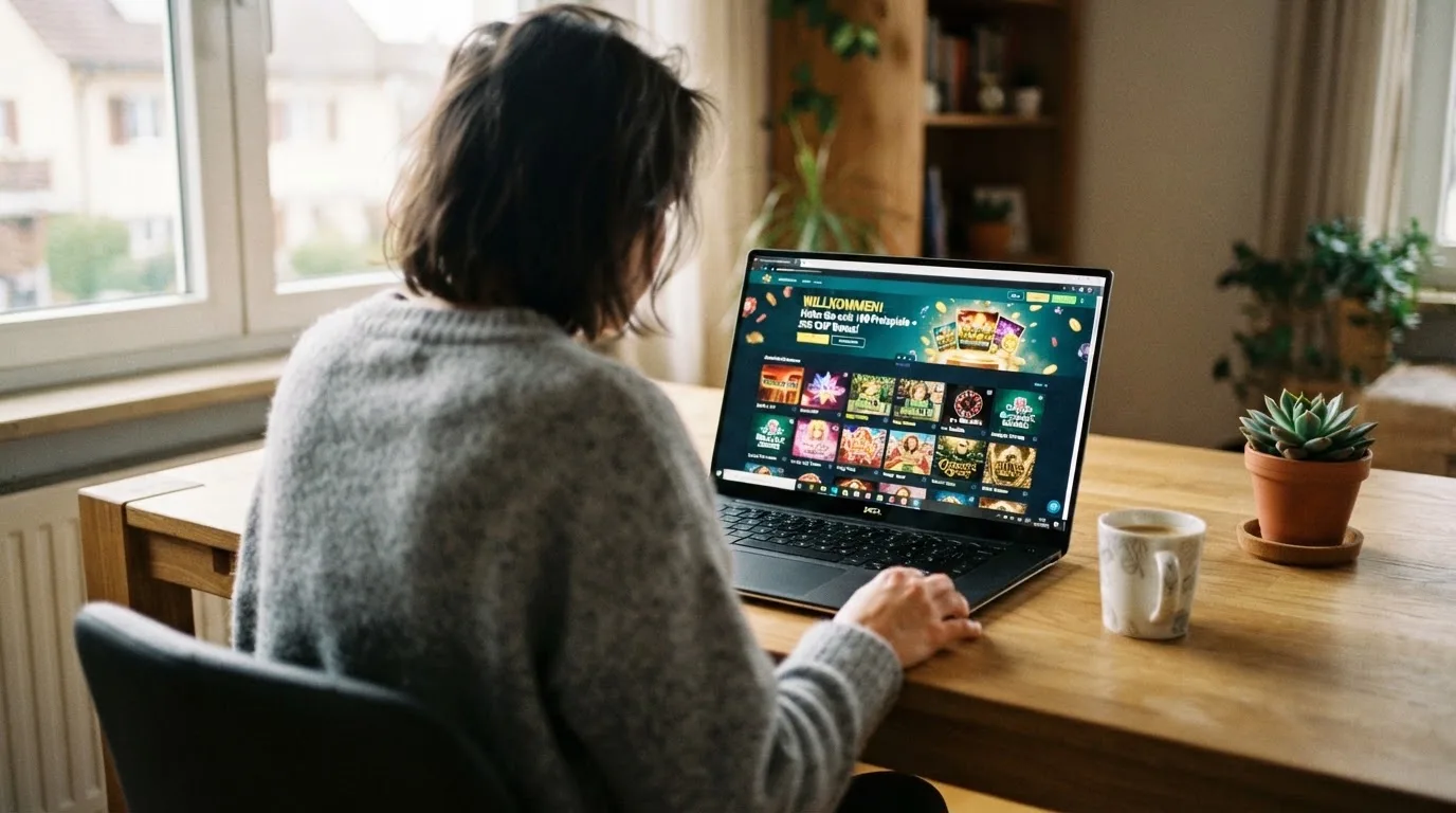 Person am Laptop liest eine Übersichtsseite zu Geldspielen im Internet — 20 freispiele ohne einzahlung