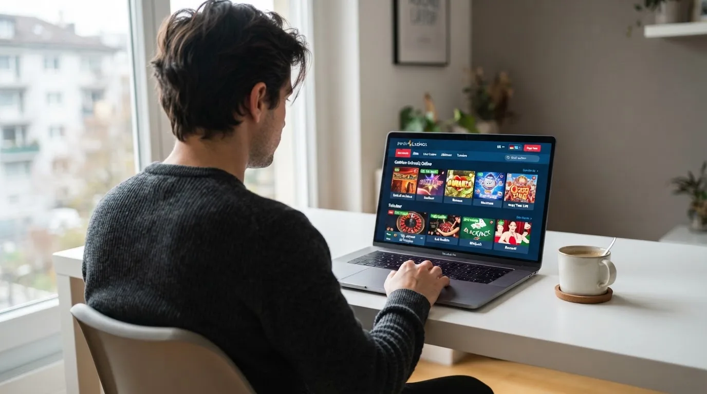 Person am Laptop liest eine Übersichtsseite zu Geldspielen im Internet — 40 franken bonus ohne einzahlung casino