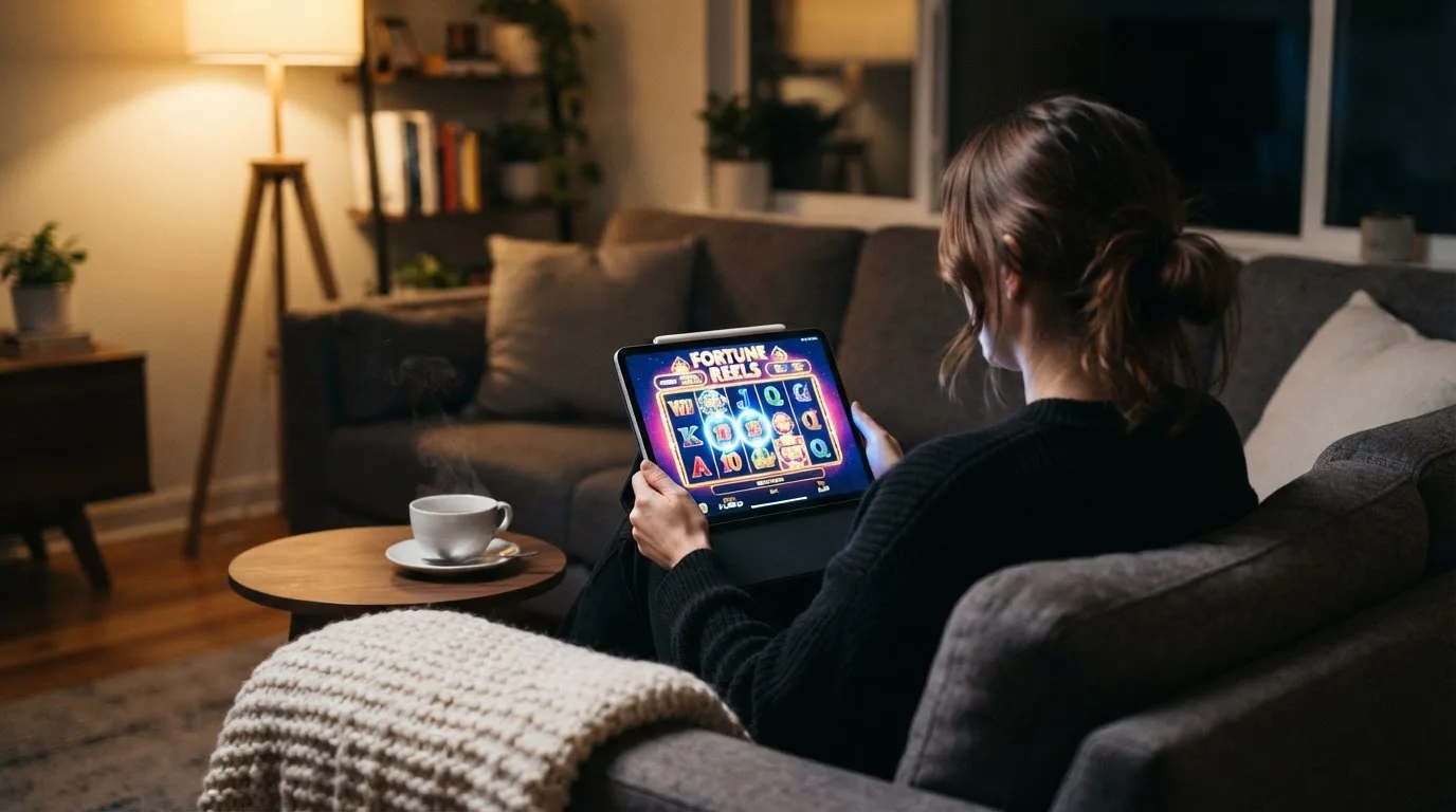 Person sitzt entspannt mit Tablet auf dem Sofa, warmes Lampenlicht, eine Tasse Tee steht daneben auf einem kleinen Tisch.