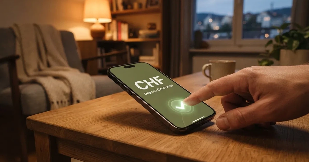 Nahaufnahme einer Hand, die auf einem Smartphone eine Zahlungsbestätigung antippt, im Hintergrund eine gemütliche Wohnzimmerecke am Abend.