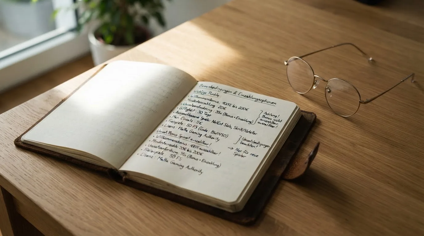 Ein Notizbuch mit handschriftlichen Stichpunkten liegt neben einer Brille auf einem Holzschreibtisch bei Tageslicht.