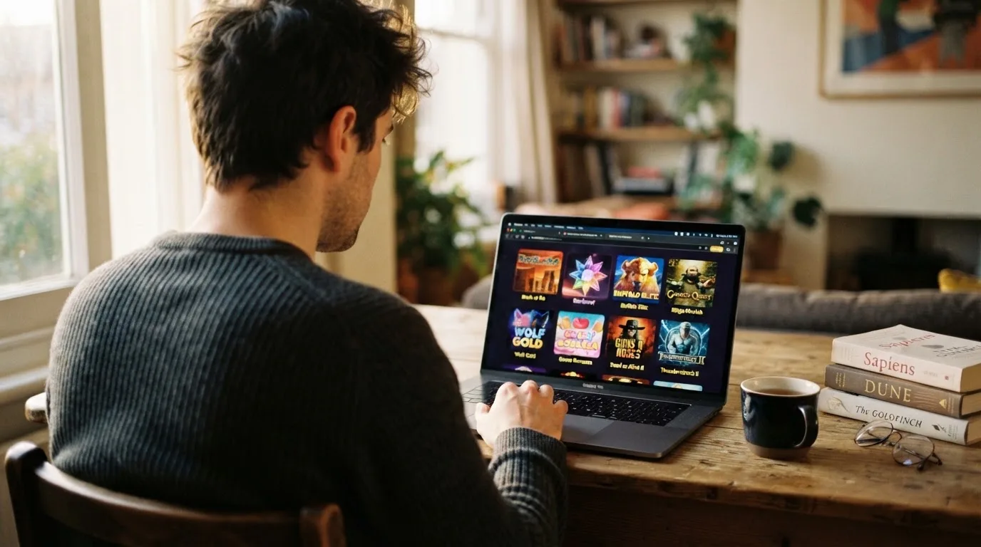 Person am Laptop liest eine Übersichtsseite zu Geldspielen im Internet — aviator online casino