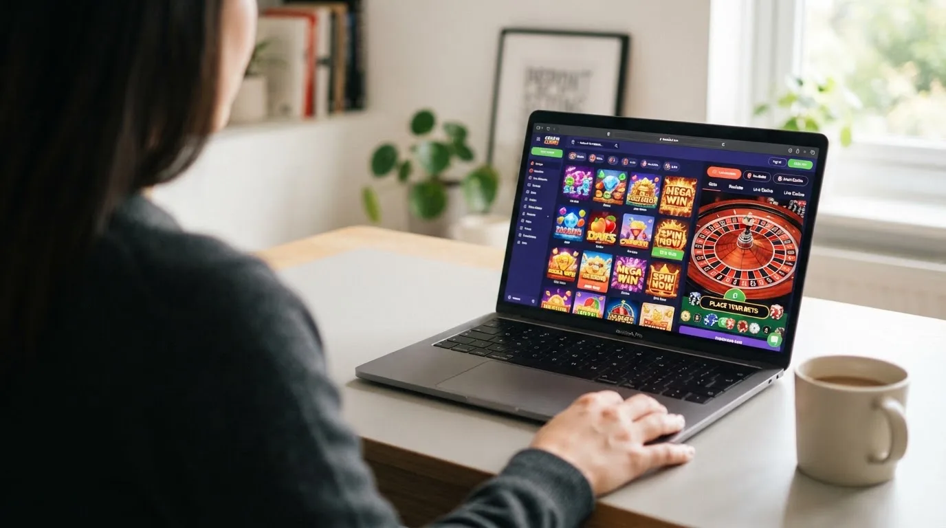 Person am Laptop liest eine Übersichtsseite zu Geldspielen im Internet — best crypto casino schweiz