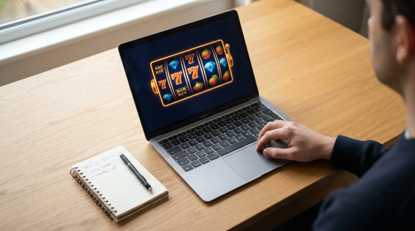 Person am Laptop liest eine Übersichtsseite zu Geldspielen im Internet — beste casino mit schneller auszahlung