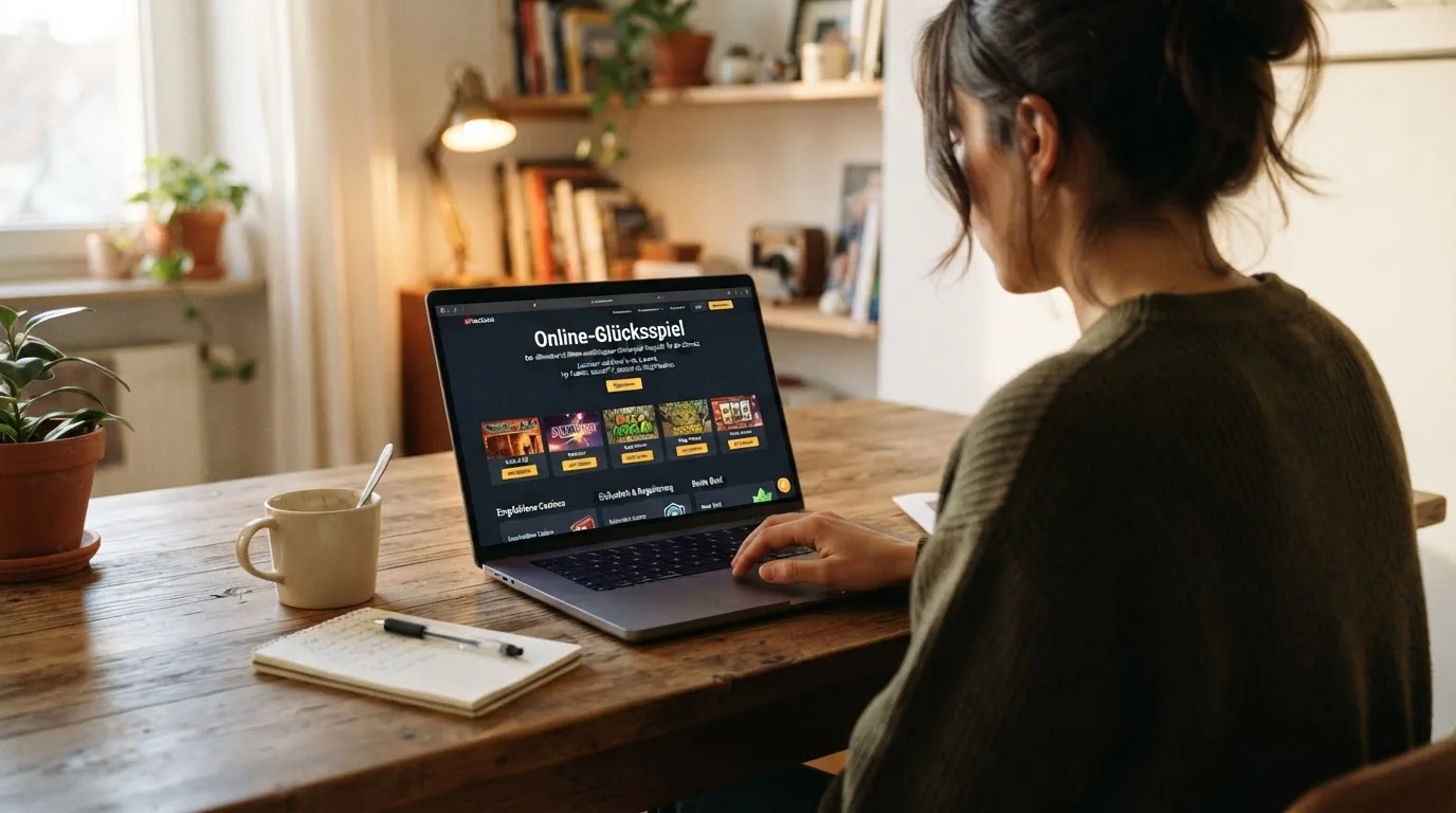 Person am Laptop liest eine Übersichtsseite zu Geldspielen im Internet — beste casino ohne verifizierung auszahlen