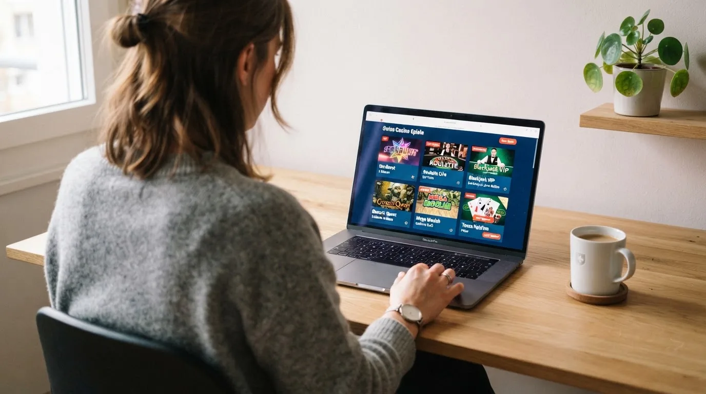 Person am Laptop liest eine Übersichtsseite zu Geldspielen im Internet — beste craps online casinos schweiz