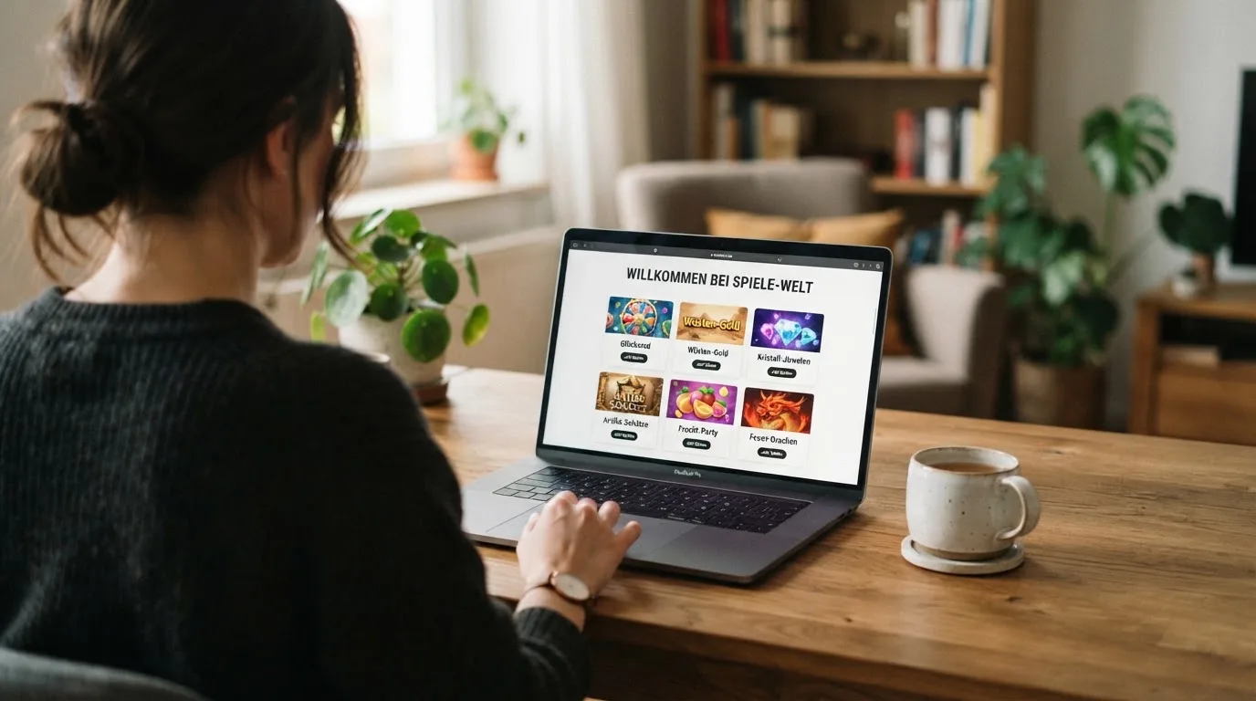 Person am Laptop liest eine Übersichtsseite zu Geldspielen im Internet — beste live baccarat schweiz