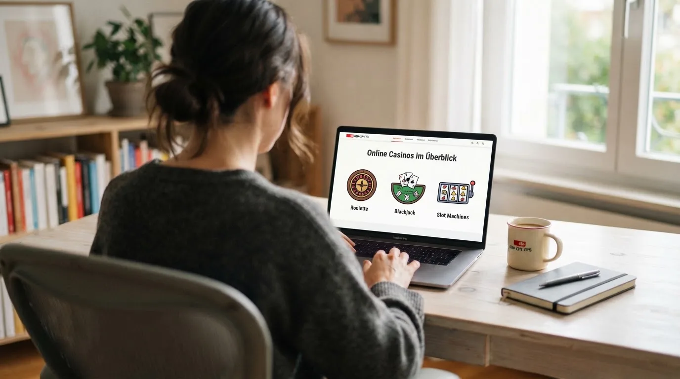 Person am Laptop liest eine Übersichtsseite zu Geldspielen im Internet — beste online casino ausland