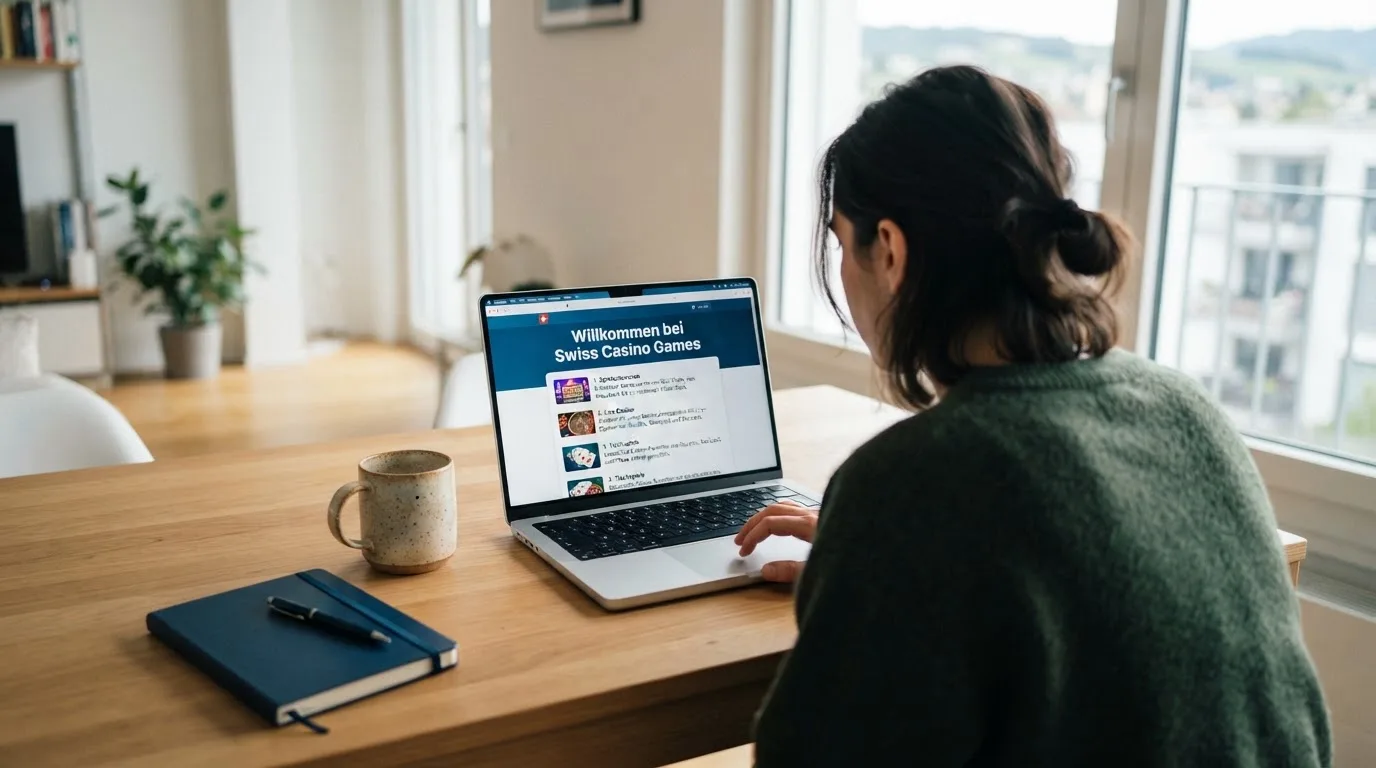 Person am Laptop liest eine Übersichtsseite zu Geldspielen im Internet — beste online casino mit banküberweisung bezahlen