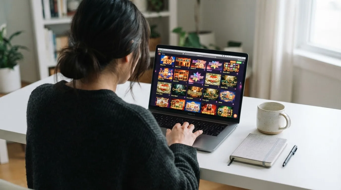Person am Laptop liest eine Übersichtsseite zu Geldspielen im Internet — beste online casino mit cashtocode bezahlen