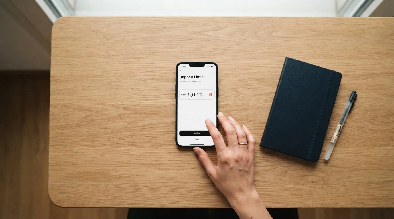 Hand hält ein Smartphone mit einem Formular zur Einzahlungsgrenze, ruhige Stimmung — beste online casino schweiz