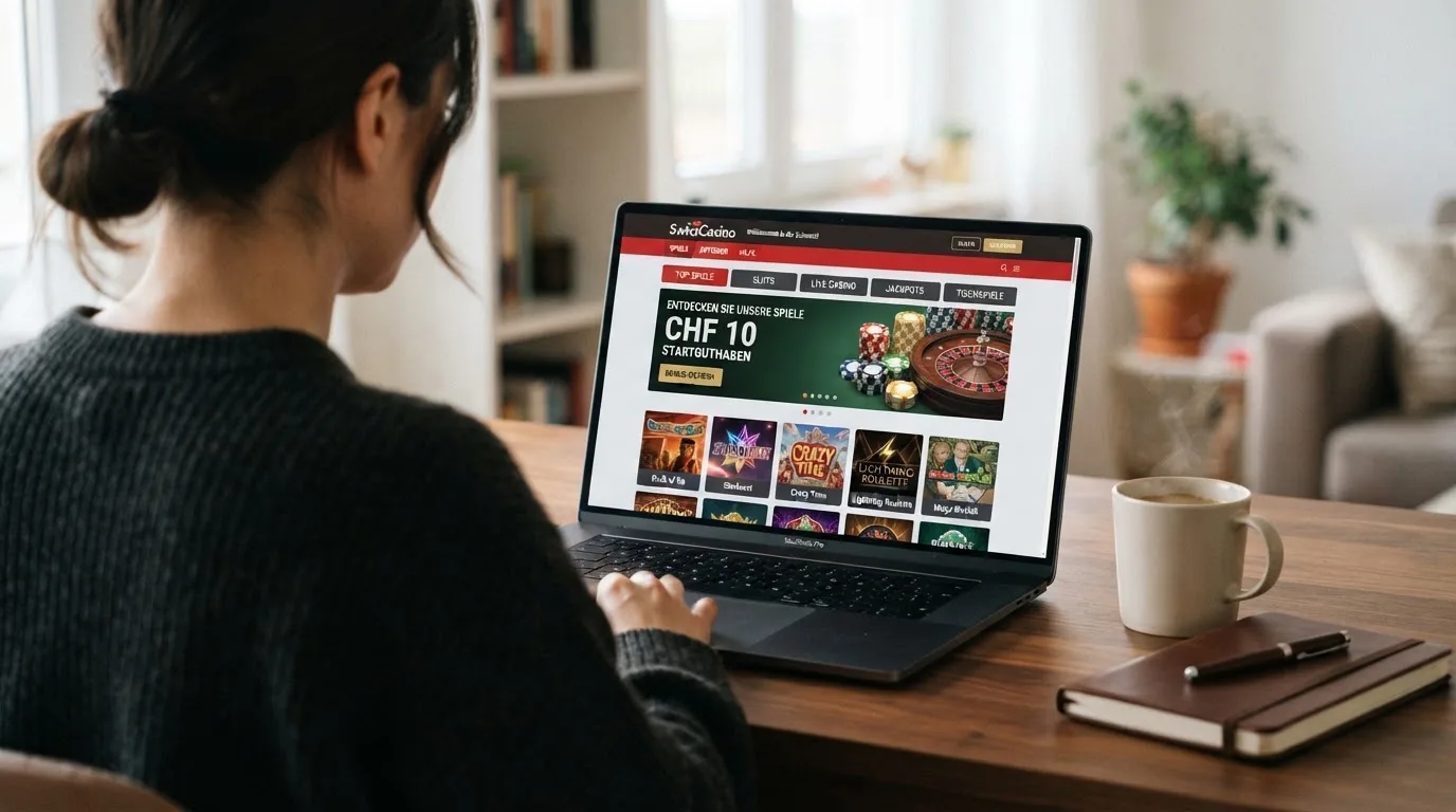 Person am Laptop liest eine Übersichtsseite zu Geldspielen im Internet — beste online casinos ohne verifizierung