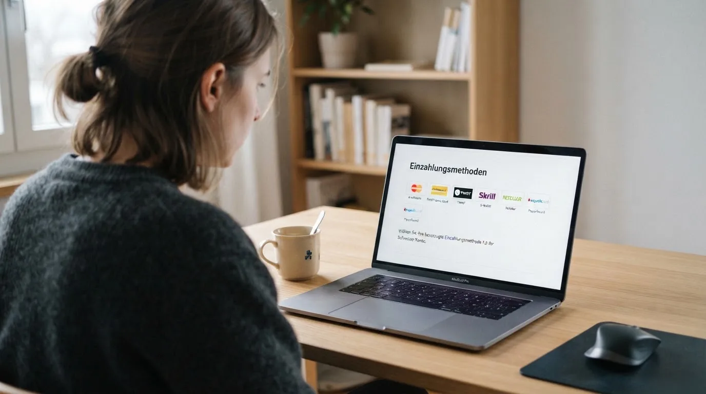 Person am Laptop liest eine Übersichtsseite zu Geldspielen im Internet — beste online casinos schweiz mit no deposit bonus