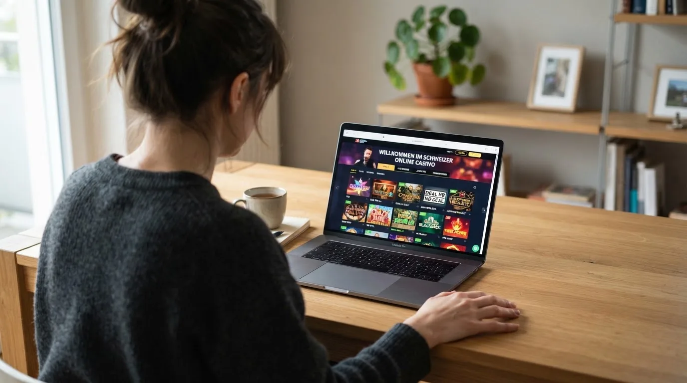Person am Laptop liest eine Übersichtsseite zu Geldspielen im Internet — beste online spielothek casinos