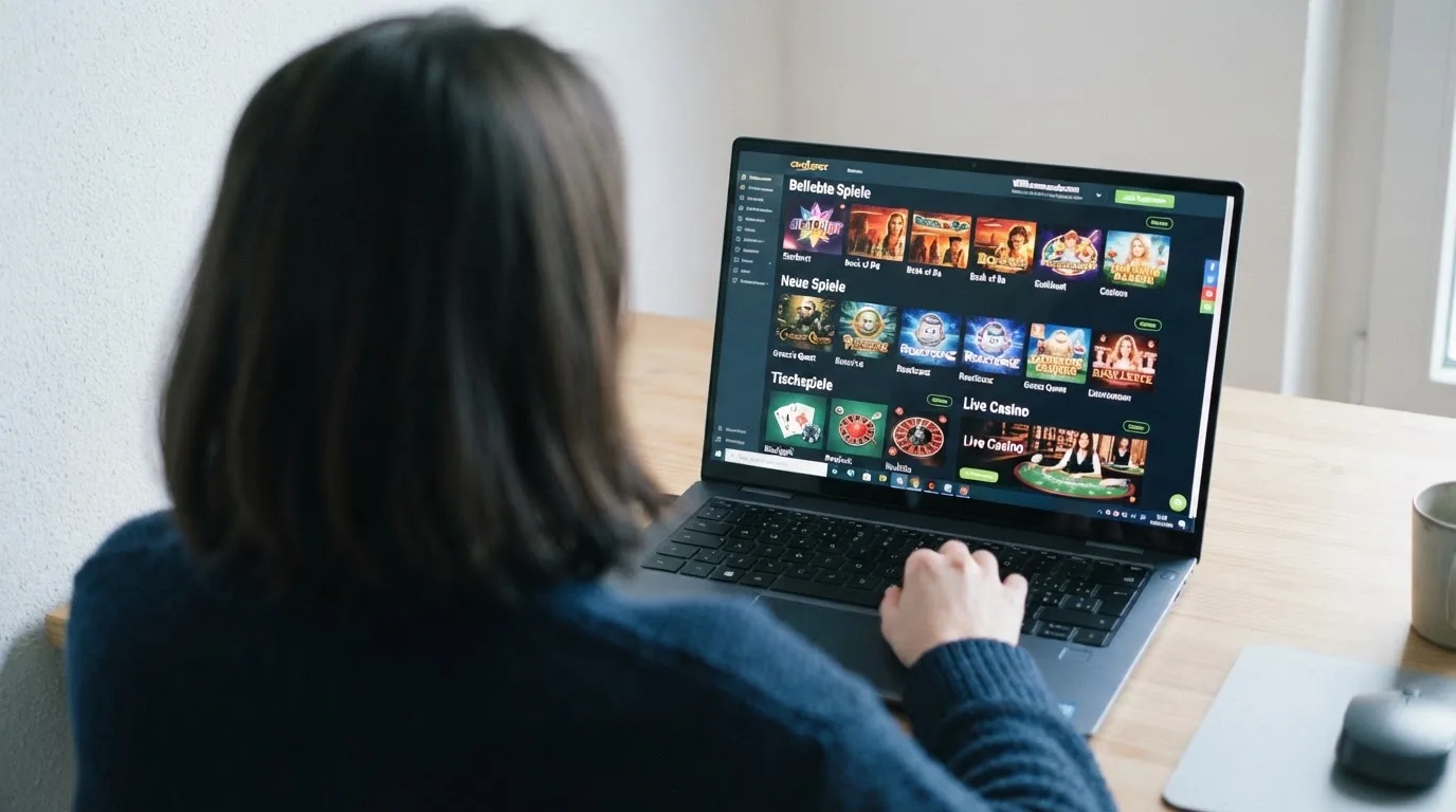 Person am Laptop liest eine Übersichtsseite zu Geldspielen im Internet — bester willkommensbonus online casino