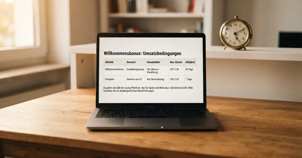 Bildschirm mit Bonusbedingungen, Einsatztabelle und einer Uhr im Hintergrund — bester willkommensbonus online casino