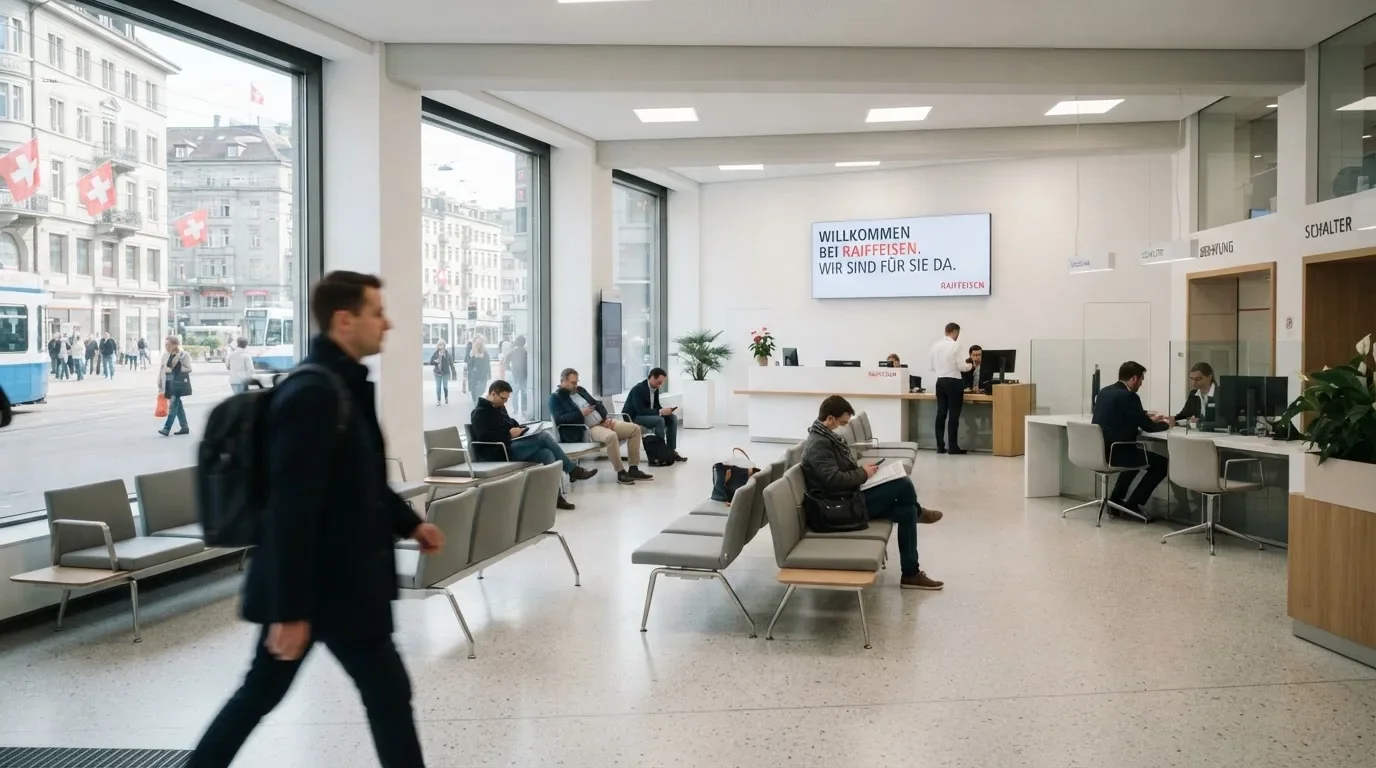 Blick auf eine helle Bankfiliale mit Wartebereich, im Vordergrund unscharf eine Person mit Jacke.