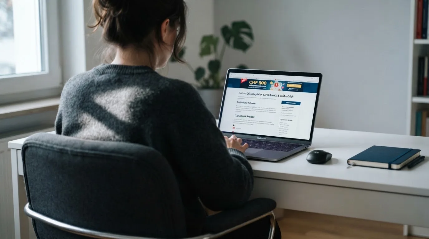 Person am Laptop liest eine Übersichtsseite zu Geldspielen im Internet — binance coin casino vergleich