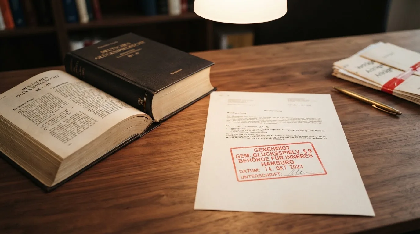 Amtliches Schreiben mit Stempel auf einem Schreibtisch neben einem Gesetzbuch — binance coin casino vergleich
