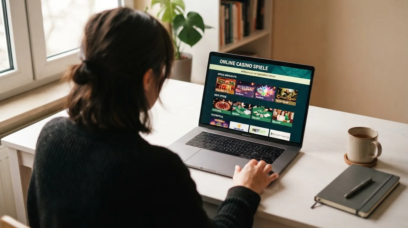 Person am Laptop liest eine Übersichtsseite zu Geldspielen im Internet — bitcoin cash casino vergleich