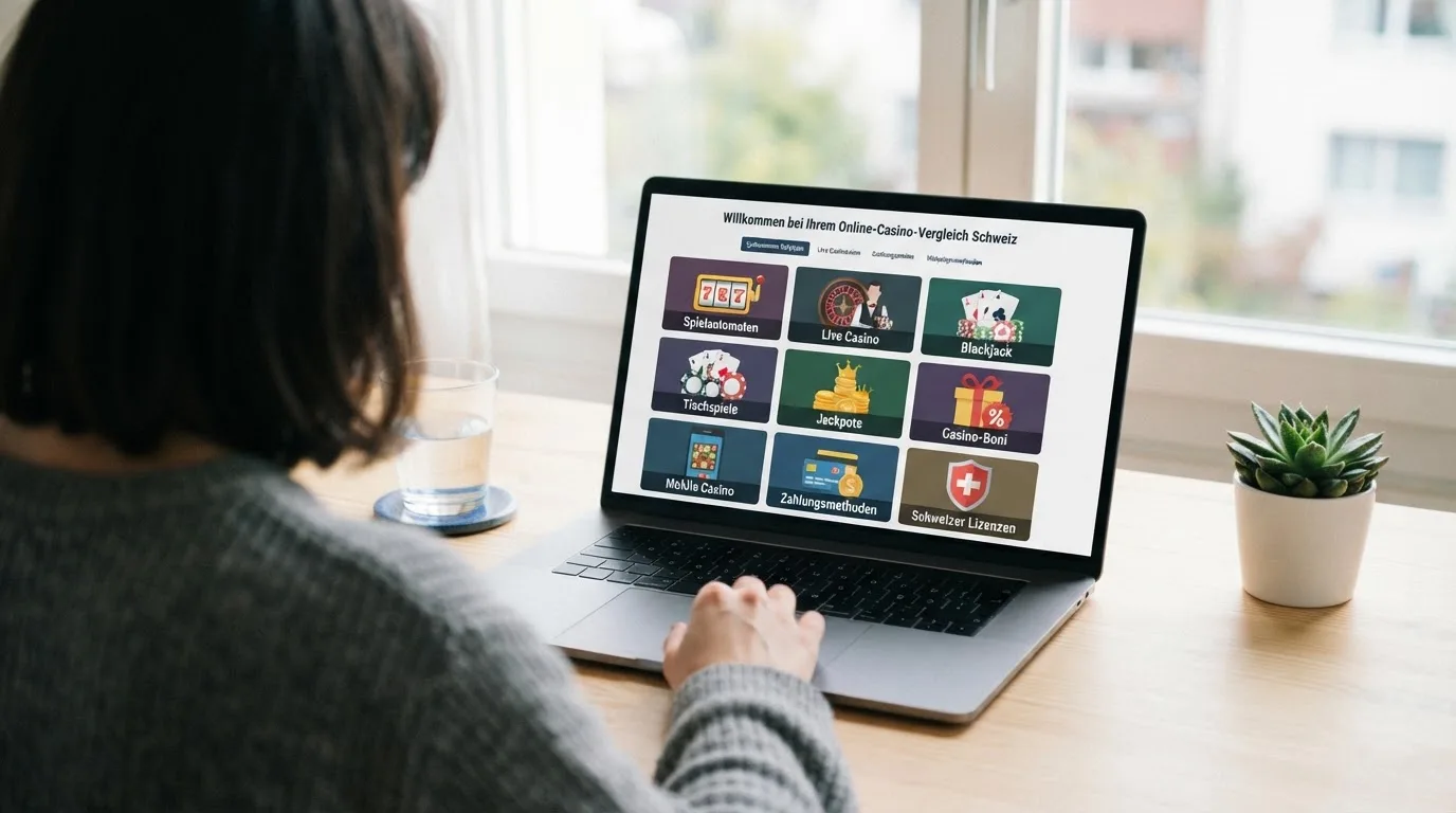 Person am Laptop liest eine Übersichtsseite zu Geldspielen im Internet — casino bonus ohne einzahlung