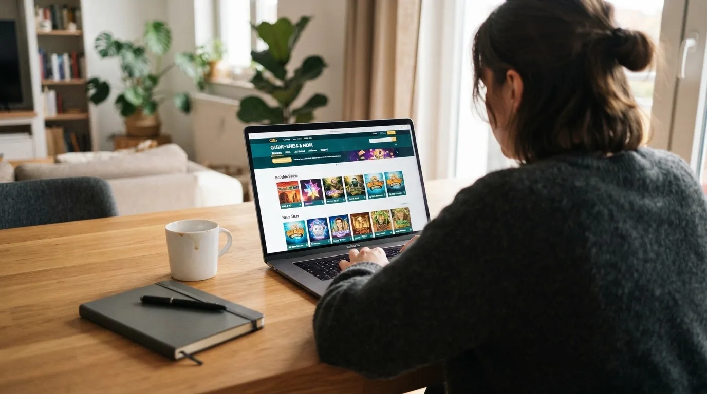 Person am Laptop liest eine Übersichtsseite zu Geldspielen im Internet — casino mit hoher gewinnchance