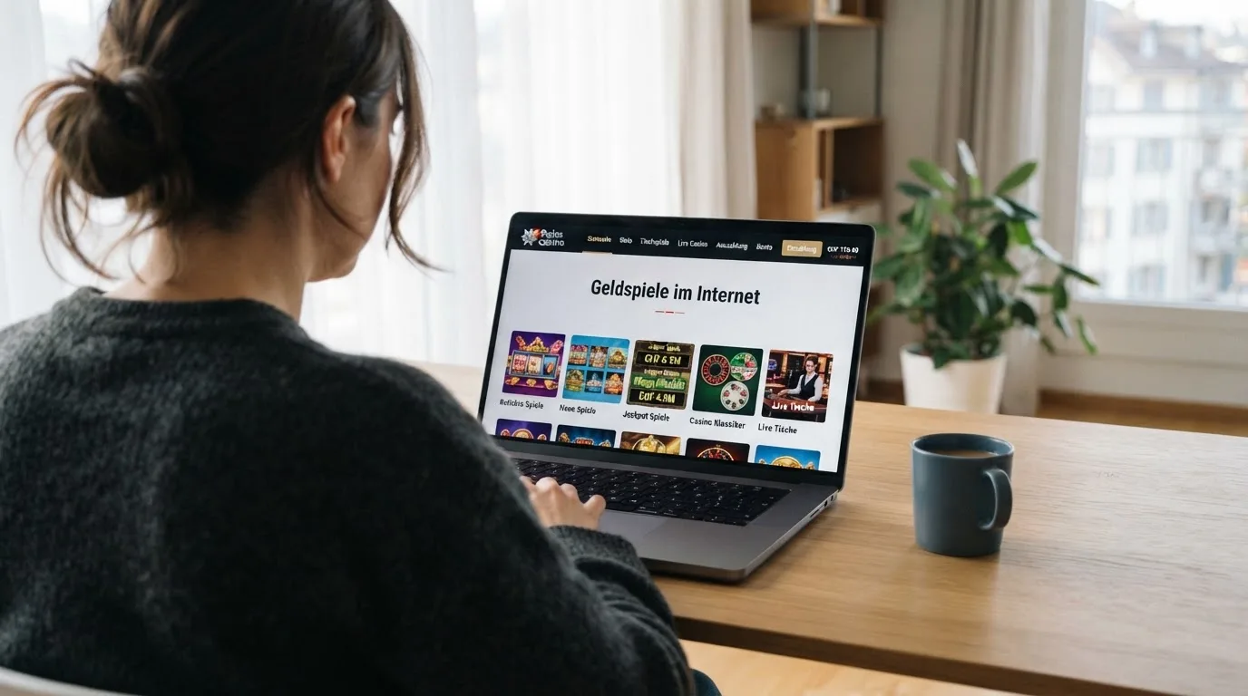 Person am Laptop liest eine Übersichtsseite zu Geldspielen im Internet — casino online mit bonus ohne einzahlung