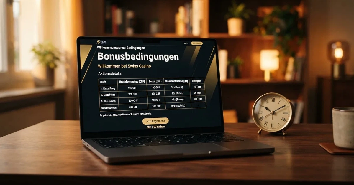 Bildschirm mit Bonusbedingungen, Einsatztabelle und einer Uhr im Hintergrund — casino online mit bonus ohne einzahlung