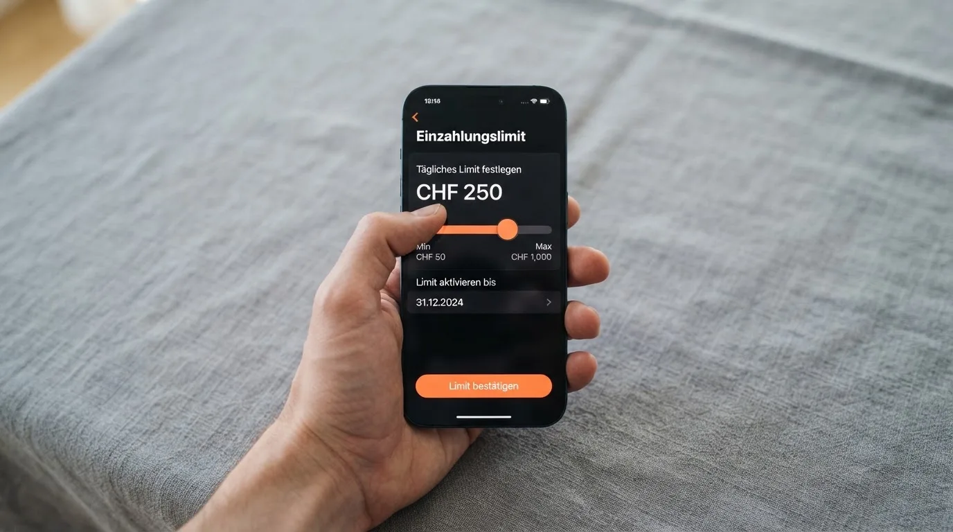 Hand hält ein Smartphone mit einem Formular zur Einzahlungsgrenze, ruhige Stimmung — freie 90 tage qualifikationszeitraum casino