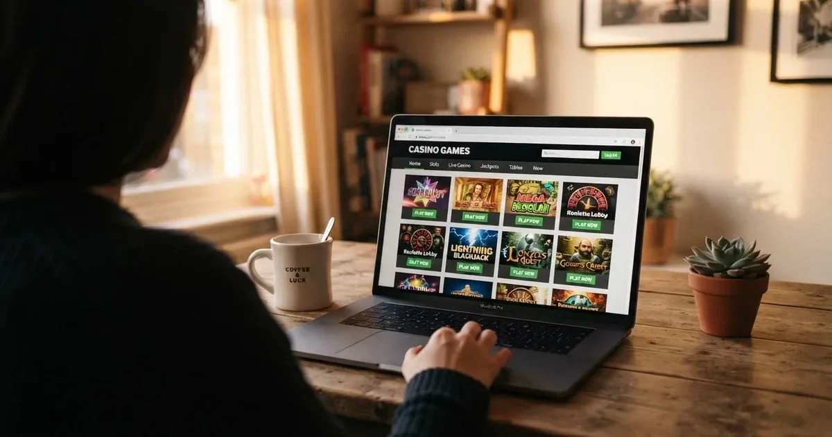 Person am Laptop liest eine Übersichtsseite zu Geldspielen im Internet — freie 90 tage qualifikationszeitraum casino