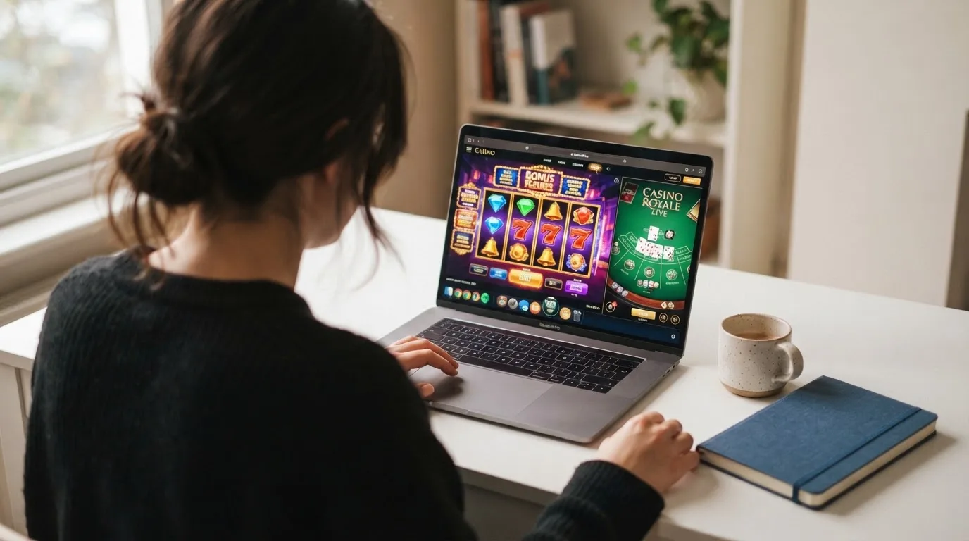 Person am Laptop liest eine Übersichtsseite zu Geldspielen im Internet — handy casino echtgeld bonus ohne einzahlung