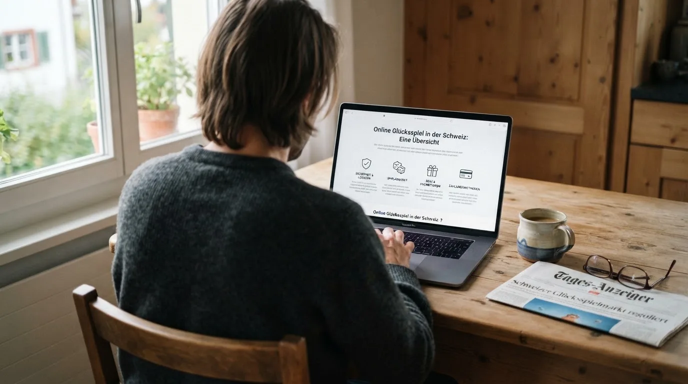 Person am Laptop liest eine Übersichtsseite zu Geldspielen im Internet — online casino bonus ohne einzahlung ohne download