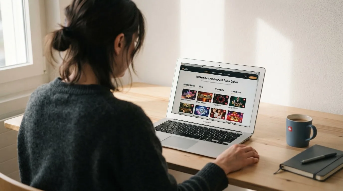 Person am Laptop liest eine Übersichtsseite zu Geldspielen im Internet — online casino bonus ohne umsatzbedingungen