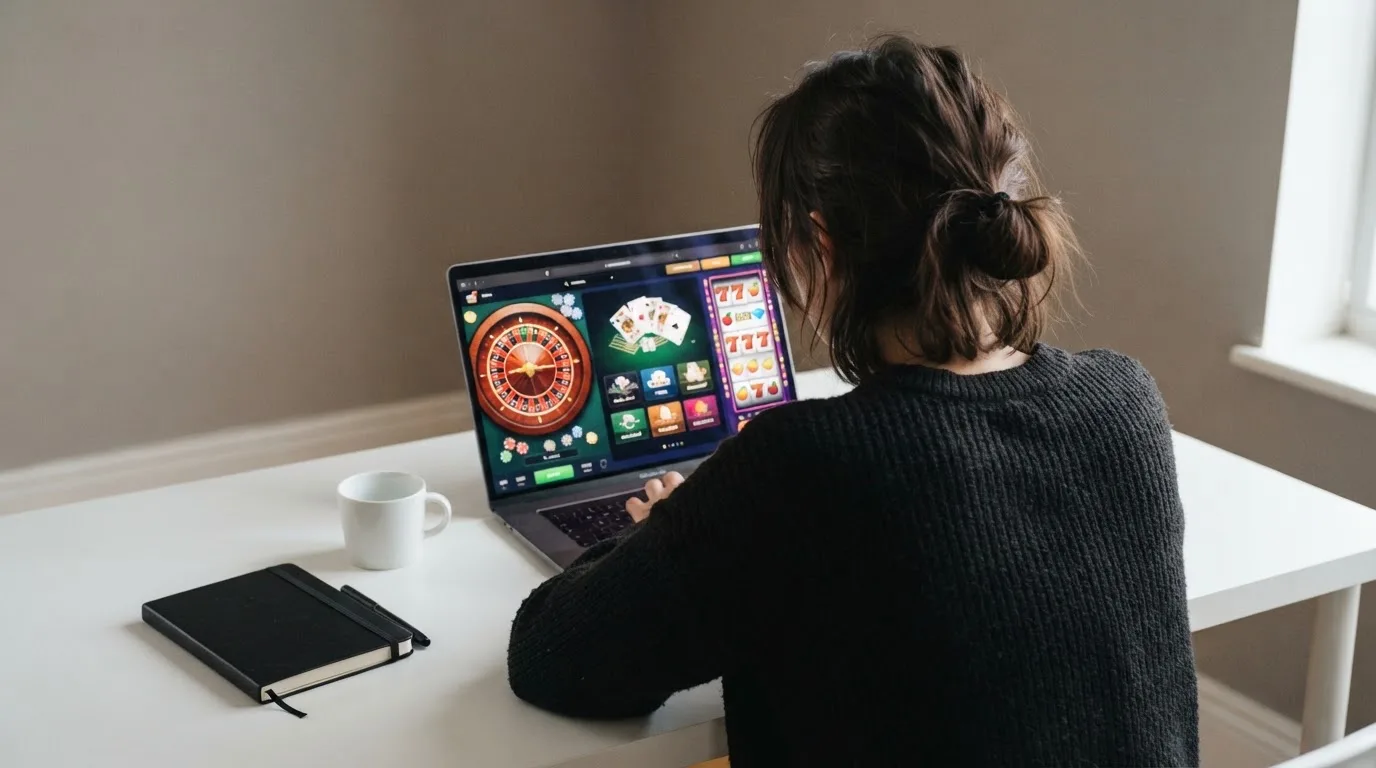 Person am Laptop liest eine Übersichtsseite zu Geldspielen im Internet — online casino bonusbedingungen