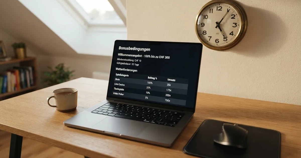Bildschirm mit Bonusbedingungen, Einsatztabelle und einer Uhr im Hintergrund — online casino bonusbedingungen