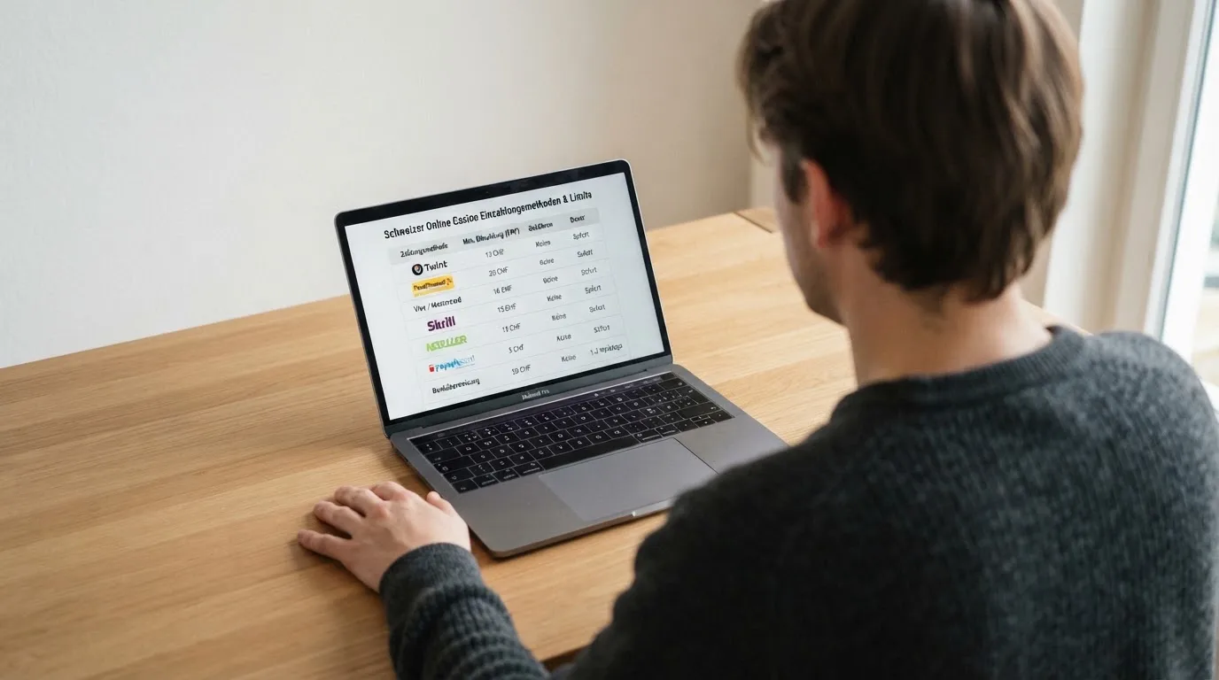 Person am Laptop liest eine Übersichtsseite zu Geldspielen im Internet — online casino einzahlungsbonus