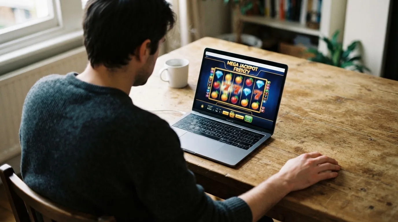 Person am Laptop liest eine Übersichtsseite zu Geldspielen im Internet — online casino mit autoplay