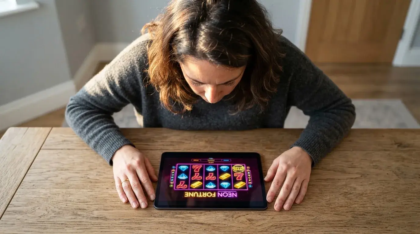 Frau sitzt am Wohnzimmertisch und schaut konzentriert auf ihr Tablet, Nachmittagslicht durchs Fenster.