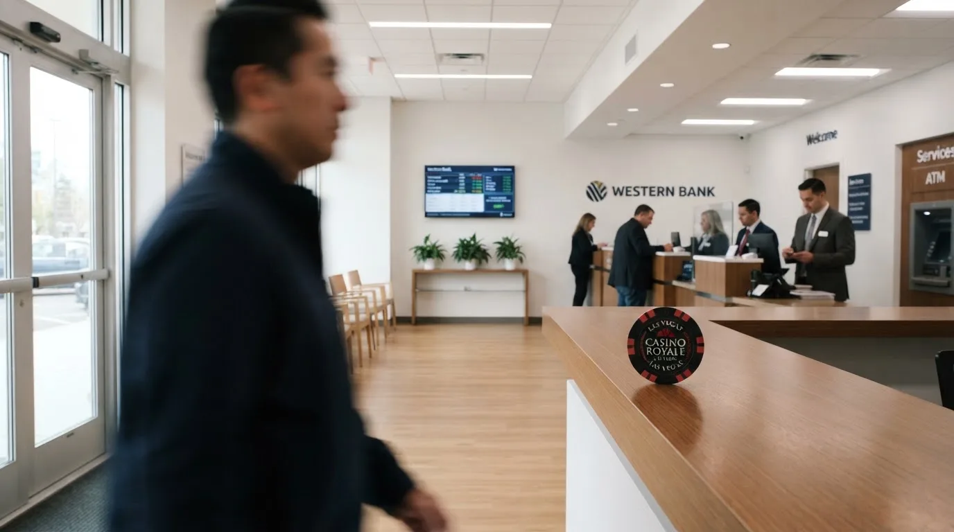 Blick auf eine helle Bankfiliale mit Wartebereich, im Vordergrund unscharf eine Person mit Jacke.